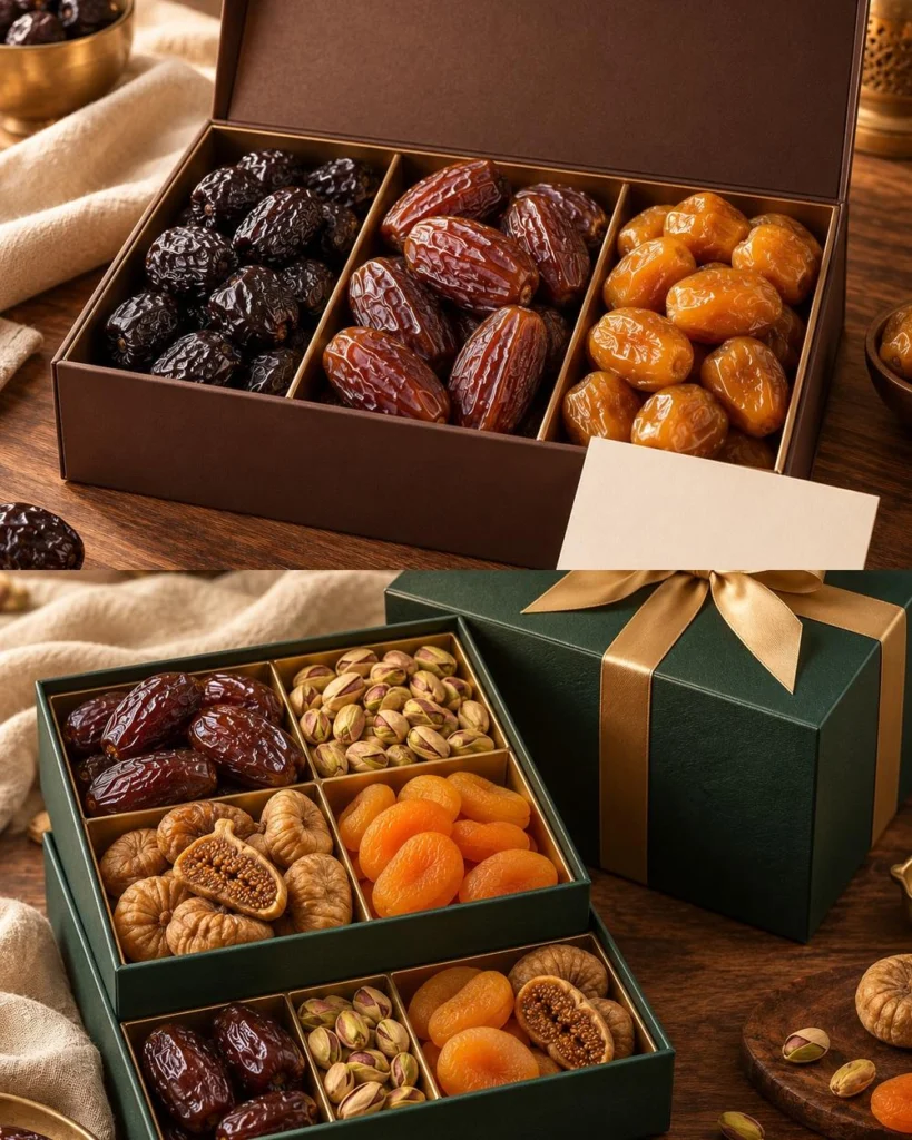Gift boxes being filled with dates on a packing table